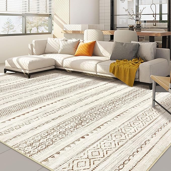 Nakagishi Area Rugs 8x10 Living Room: Washable Boho Large Neutral Soft Farmhouse Rug Stain Resistant Modern Geometric Non-Slip Indoor Floor Carpet for Bedroom Nursery Kids Playroom Office- Brown