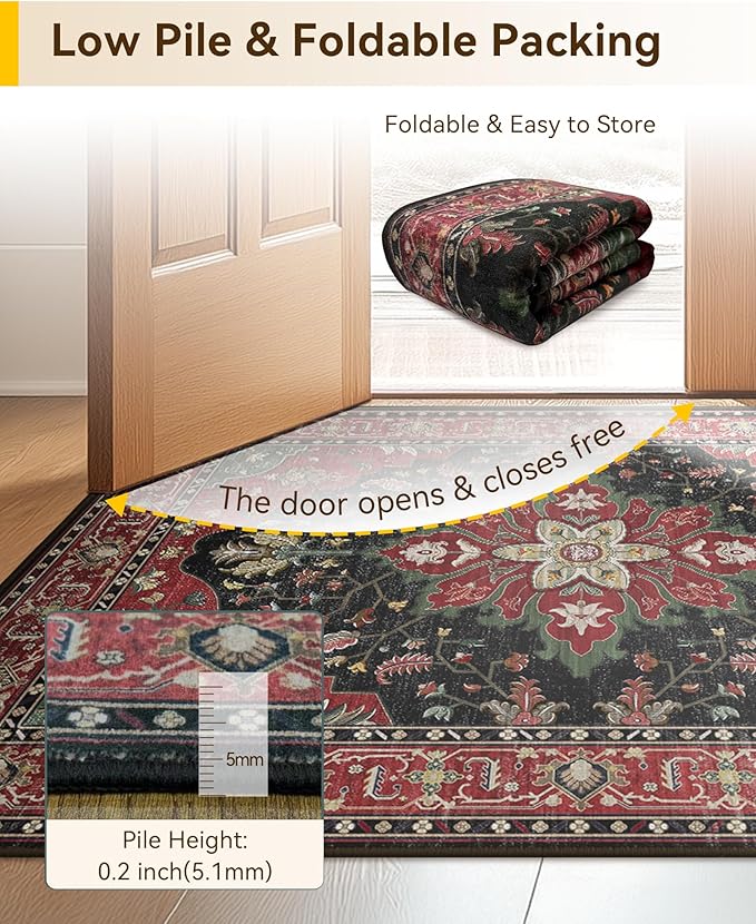 Area Rugs Round 8ft Washable Non-Slip, Floral Vintage Distress Print Pattern Medallion Carpet for Living Room Bedroom Dining Room, Red Black