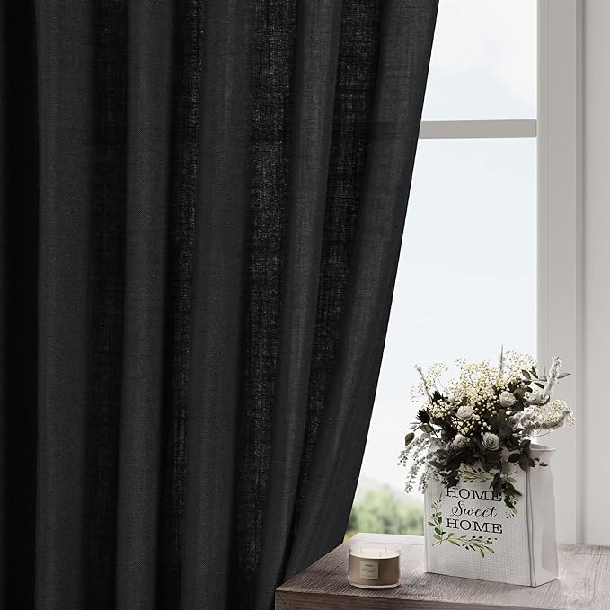 Black Semi Sheer Linen Curtains 72 inch Length for Living Room Back Tab Rod Pocket Modern Long Skinny Curtains Dividing Closet Decor Cotton Textured Gauze Curtain for Laundry Bedroom Office 38x72