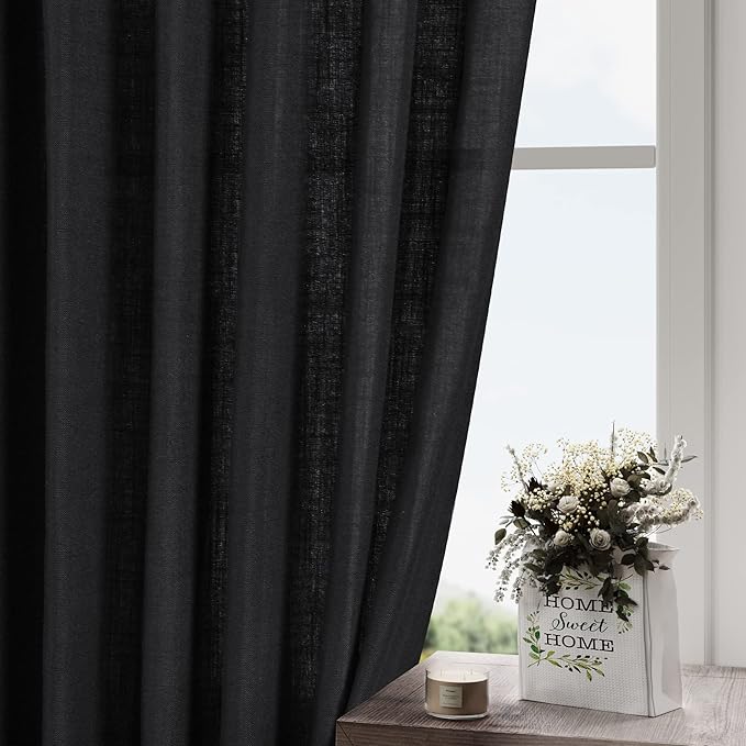 Nanspring Black Cafe Curtains 54 Inch Length Set 2 Panel Back Tab Pocket Semi Sheer Short Linen Black Curtain Tiers for Small Bathroom Window Basement Farmhouse Decor 38x54