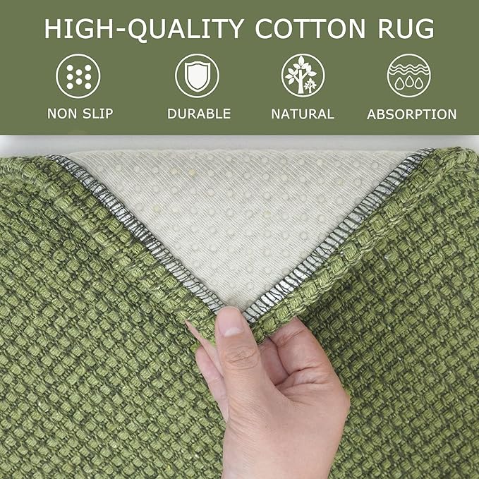 KOZYFLY Washable Area Rug 6x9 ft Rubber Backed Non Slip Rugs for Living Room Braided Cotton Bedroom Rug Woven Office Rugs Indoor Floor Carpets for Dining Bedroom Living Room, Bright Green/Earthy Green