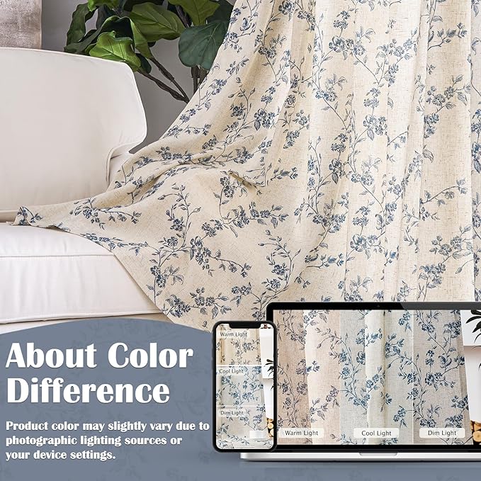 Lazzzy Linen Farmhouse Curtains Blue Floral Curtains 63 Inch Length Back Tab Drapes for Living Room Bedroom Light Filtering Country Vintage Rod Pocket Curtain, 2 Panels, Blue on Beige