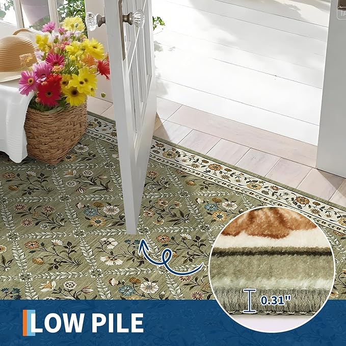 6x9 Machine Washable Area Rugs for Living Room Floral Stain Resistant Soft Carpet Vintage Low Pile Non Slip Non-Shedding Floor Carpet Rugs for Bedroom Nursery Green