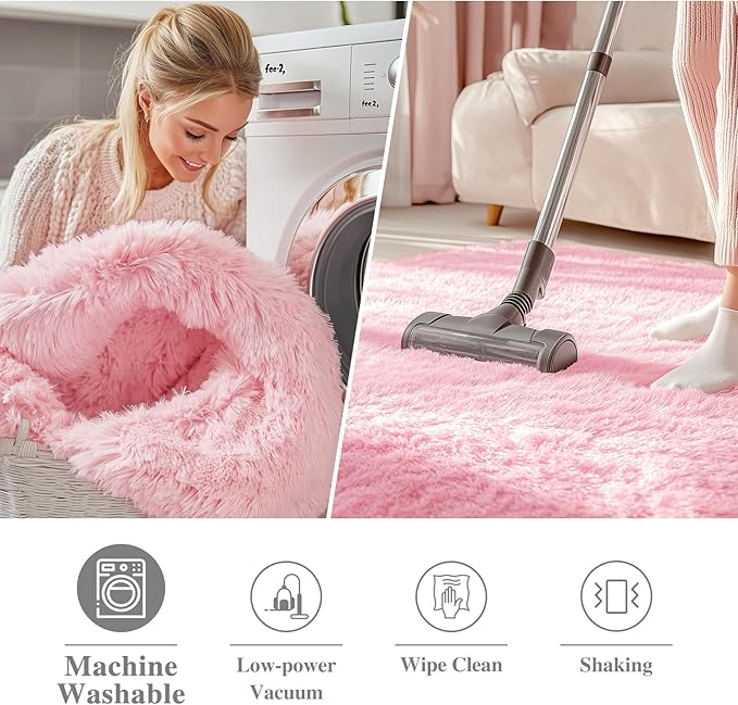 OLANLY Pink Round Rugs for Bedroom - Machine Washable, 3 ft Circle Area Rugs for Living Room, Soft and Fluffy Shaggy Carpet for Teen Girls and Boys, Nursery Rooms, Dorms, Home Decor Aesthetic