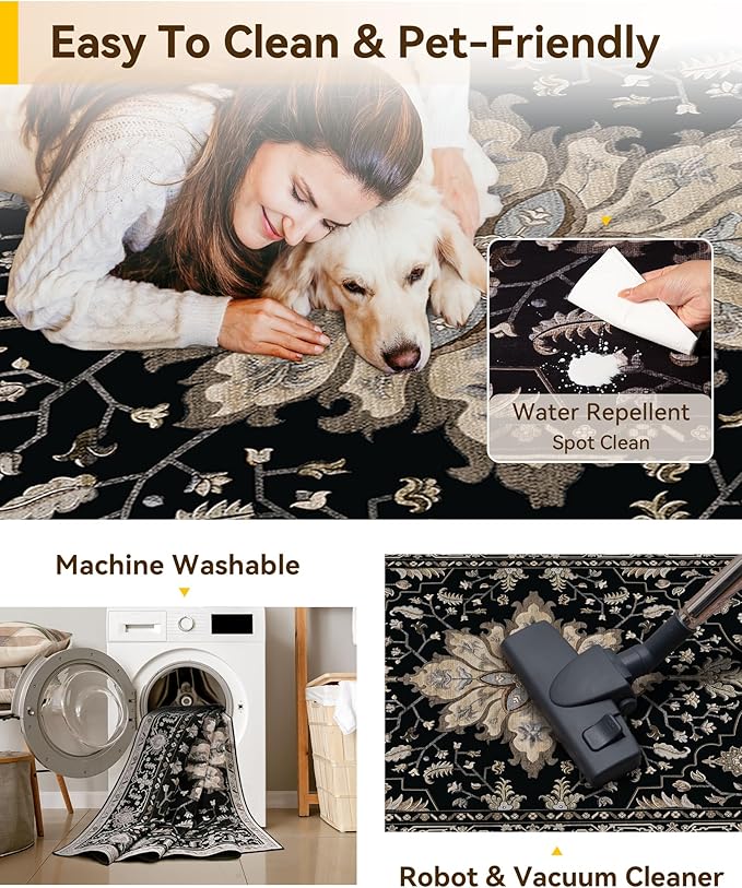 Area Rugs 10'x14' Washable Non-Slip, Floral Vintage Distress Print Pattern Medallion Carpet for Living Room Bedroom Dining Room, Black Brown Neutral Dark Tan