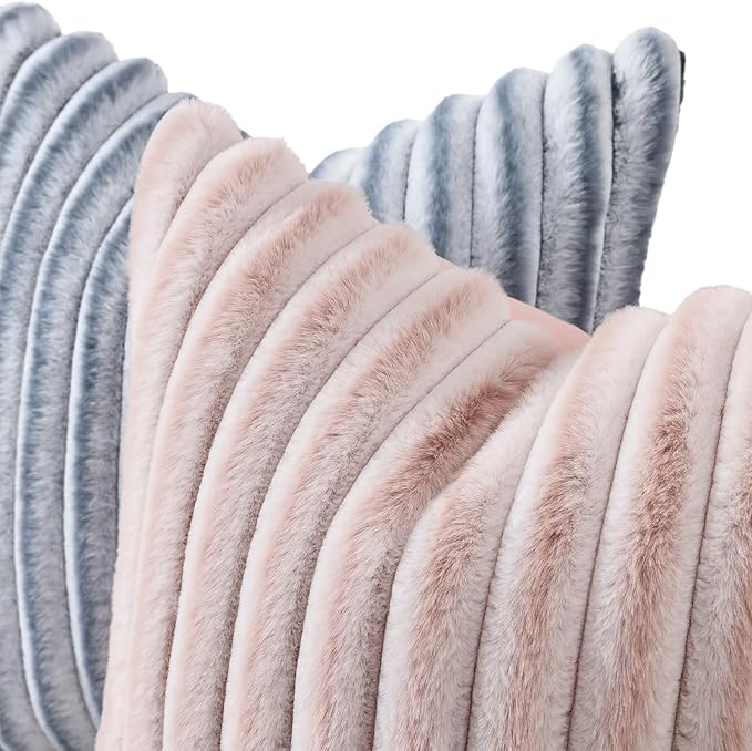 decorUhome Summer Cozy Faux Fur Throw Pillow Covers 16x16 Set of 2 Decorative Soft Plush Striped Modern Farmhouse Boho Couch Pillow Cases with Velvet Back for Sofa Bed Living Room, Pink White