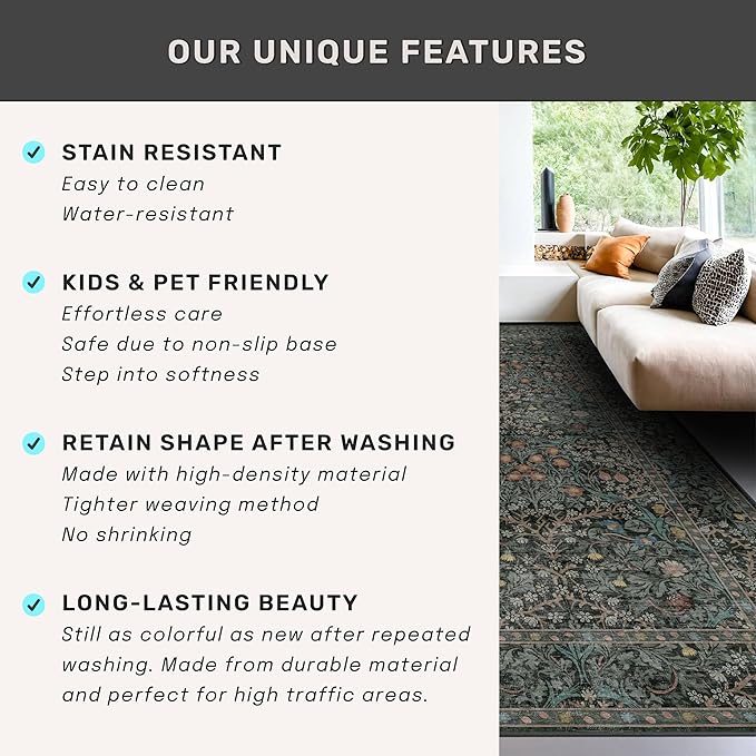 8x12 Area Rug for Living Room - Large Washable Rugs for Bedroom, Dining Room Under Table, Ultra Soft Low Pile Non-Slip Stain Resistant Carpet - Dark Green Vintage Floral Décor