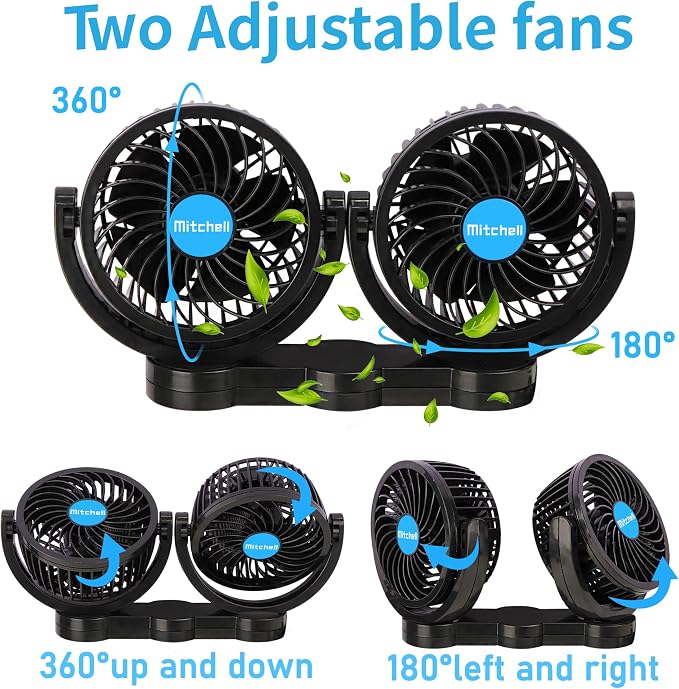 Alagoo 12V Car Fan, Adjustable 4 Inches Dual Head Car Clip Fan - Image 3
