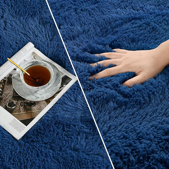 Deerhoo Large Shag Area Rugs 9 x 12, Plush Fuzzy Rugs for Living Room, Ultra Soft Fluffy Furry Rug for Bedroom, Indoor Carpet Nursery Rugs for Kids Room Home Decor, Navy Blue