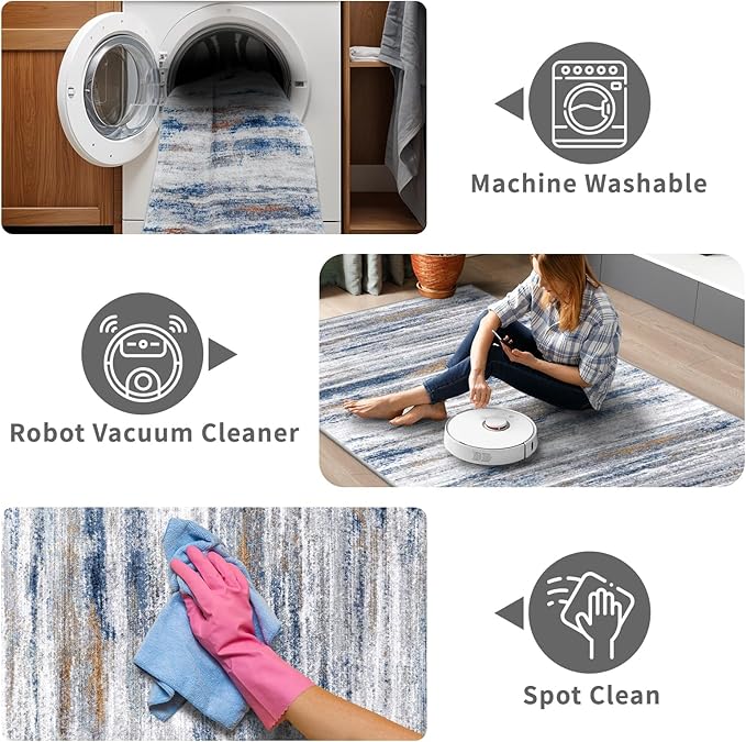 Washable Hallway Runner Rug for Home: Extra Long Runners for Entryway Living Room Dining Room - Stain and Water Resistant Rugs with Non-Slip Backing - Soft Low-Pile Carpet 2'6''x12' Navy Grey