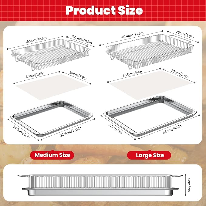 Air Fryer Basket for Oven, 2 Set Stainless Steel Crisper Tray Set, 360° Air - Image 2