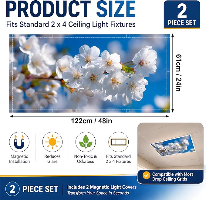 2 Pack White Cherry Blossom Decorative Ceiling Light Covers, Magnetic 4x2 Ft - Image 2