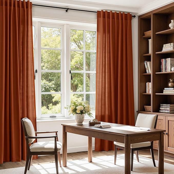 Nanspring Terracotta Long Linen Curtains 102 Inches Long 2 Panel Set Back Tab Boho Rustic Farmhouse Curtain for Living Room Semi Sheer Floor to Ceiling Luxury Home Decor for Bedroom Office 60x102