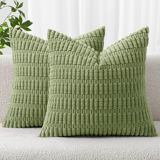 MIULEE Pack of 2 Spring Corduroy Decorative Throw Pillow Covers 12x12 Inch Soft Boho Striped Pillow Covers Modern Farmhouse Home Decor for Summer Sofa Living Room Couch Bed Sage Green