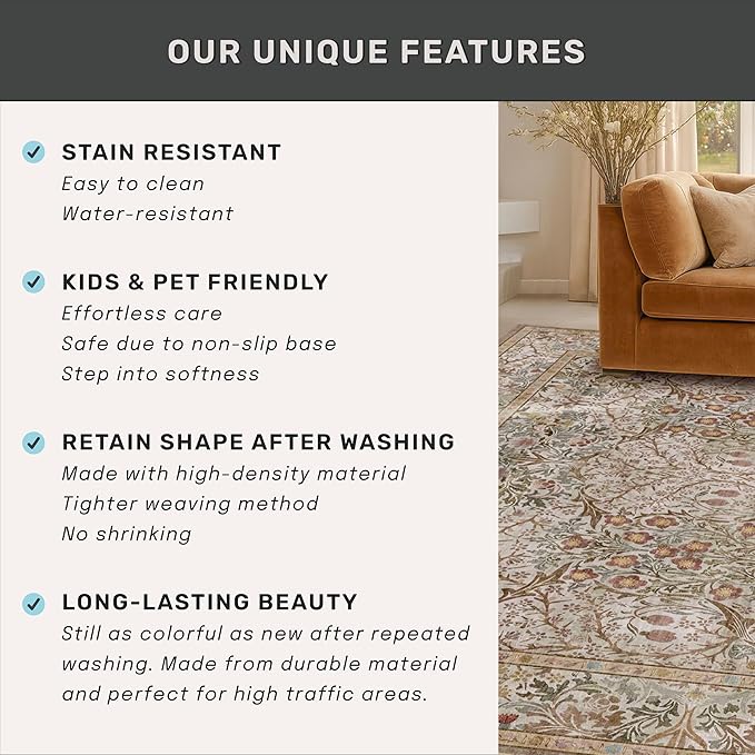 Moss Green 2'6" x 8' Runners for Hallways Non Slip, Extra Long Floor Runner for Kitchen, Entryway Indoor, Washable Rubber Backing Stain Resistant - Vintage Taupe Brown Floral Décor