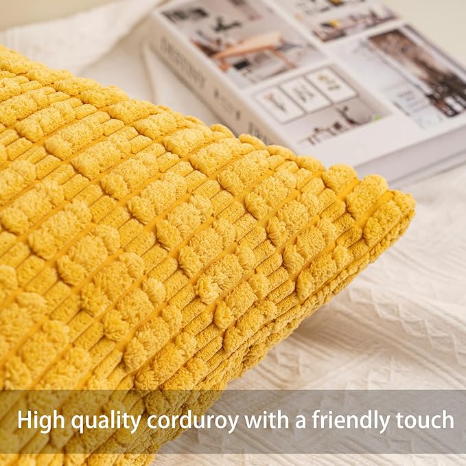 Pack of 2 Corduroy Decorative Throw Pillow Covers 22x22 Inch Soft Striped Pillow Covers Modern Farmhouse Home Decor for Sofa Living Room Couch Bed（Yellow）