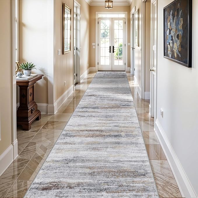 3x16 Washable Hallway Runner Rug: Extra Long Runners for Entryway Living Room Dining Room - Stain and Water Resistant Rugs with Non-Slip Backing - Soft Low-Pile Carpet 16ft Beige Grey