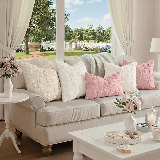 decorUhome Pink Bow Pillow Covers Set of 2 Coquette Aesthetic Cute Preppy Plush Faux Pillowcases for Girly Bedroom or Couch 16x16 Inch