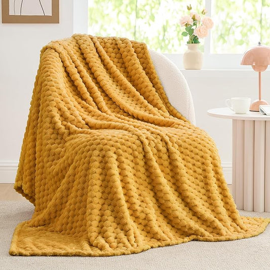 BEDELITE Fleece Blanket - 3D Jacquard Decorative Mustard Yellow Throw Blankets for Couch & Bed, Soft and Cozy Warm Plush Fluffy Blanket All Seasons Suitable, 50x60Inches