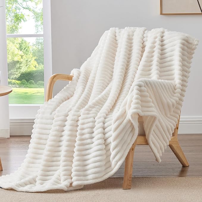 BEDELITE Twin Blanket for Couch & Bed, 300GSM Soft & Warm Fleece Blanket, Decorative and Giftable Striped Cream White Blankets for Women, Men, 60"x80"
