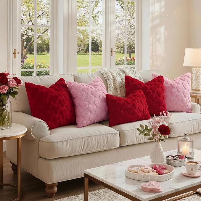decorUhome Valentine’s Day Soft Plush Throw Pillow Covers 18x18 Inch Set of 2, Faux Fur Red Heart Decoration Neutral Square Pillow Covers for Couch Sofa Bed Cozy Farmhouse Holiday Decor