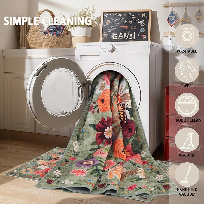 Area Rug 4x6 Rug Green, Washable Boho Rugs Non Slip Low Pile Floral Small Carpet for Bedroom, Bedside, Kids Room, Office, Dining Room(Green Garden, 4 x 6)