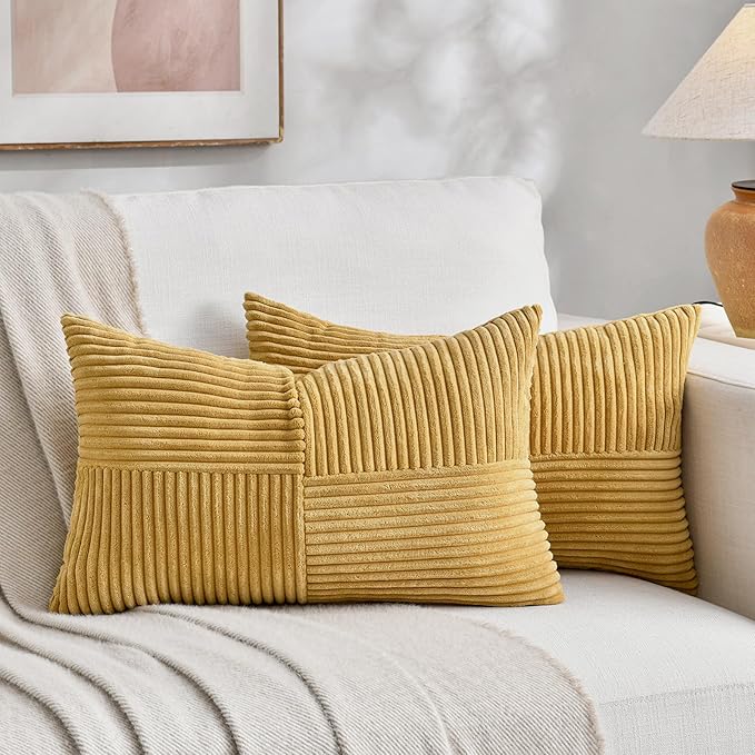 Fancy Homi 2 Packs Mustard Yellow Lumbar Decorative Throw Pillow Covers 20x28 Inch for Living Room Couch Bed, Rustic Farmhouse Boho Home Decor, Soft Striped Corduroy Rectangle Accent Cushion Case