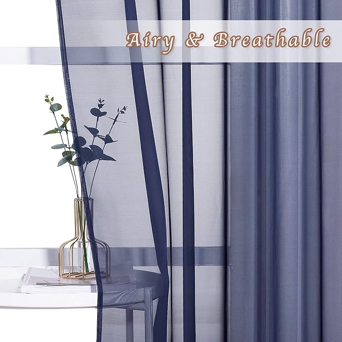 NICETOWN Sheer Curtains Voile Panels - Ring Top Light Weight Voile Window Draperies for Bedroom/Nursery/Dorm (W54 x L63 Inches, Dark Blue, Set of 2)