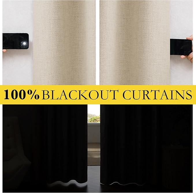 NICETOWN Cream Linen Complete Blackout Curtains 48 inches for Kids Room, 2 Panels, Thermal Insulated & Noise Reducing Window Draperies with Grey Liner, Noise Reducing Short Drapes