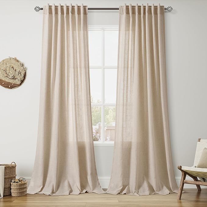 Nanspring Grey Flax Linen Curtains 102 Inches Long for Living Room Light Filtering Mordern Boho Sheer Curtains Back Tab and Rod Pocket Neutral Curtain for Bedroom Office 52x102, 2 Panels