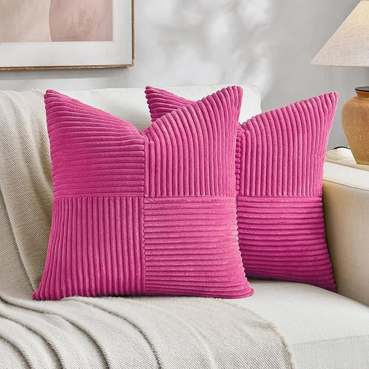 Fancy Homi 2 Packs Hot Pink Decorative Throw Pillow Covers 18x18 Inch for Living Room Couch Bed Sofa, Rustic Farmhouse Boho Home Decor, Soft Corss Corduroy Patchwork Textured Cushion Case 45x45 cm
