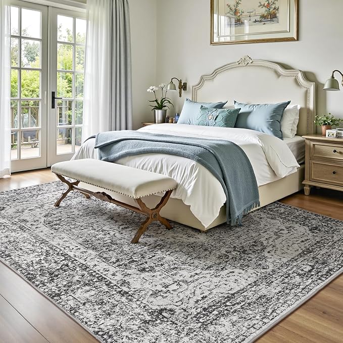 Lofus 5x7 Area Rugs for Living Room, Washable Area Rug, Rugs for Bedroom, Kitchen, Vintage Boho Carpet, Soft Non-Slip, Low Pile Large Area Rug for Office Dining Room, Vintage Dark Grey