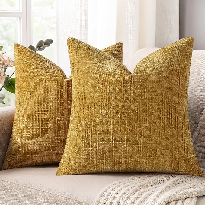 decorUhome Summer Mustard Yellow Chenille Throw Pillow Covers 20x20 Set of 2 Textured Soft Cozy Slubby Couch Pillow Covers Modern Farmhouse Boho Decorative Pillow Cases for Bed Sofa Living Room