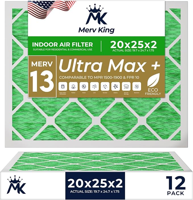 MervKing 20x25x2 Air Filter Actual Size: 19.7" x 24.7" x 1.75" MERV 13 MPR by MervKing