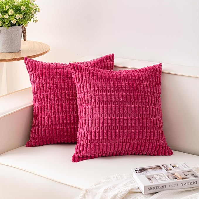 Pack of 2 Corduroy Decorative Throw Pillow Covers 20x20 Inch Soft Striped Pillow Covers Modern Farmhouse Home Decor for Sofa Living Room Couch Bed（Rose Red）