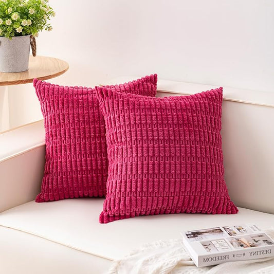 Pack of 2 Corduroy Decorative Throw Pillow Covers 22x22 Inch Soft Striped Pillow Covers Modern Farmhouse Home Decor for Sofa Living Room Couch Bed（Rose Red）
