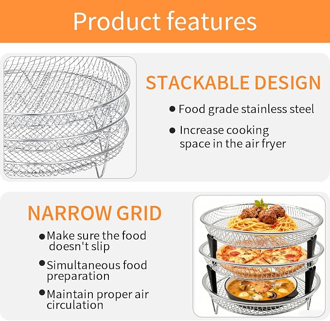 3 Layers Stackable Air Fryer Rack, 8 Inch Round Food Grade Stainless Steel - Image 4