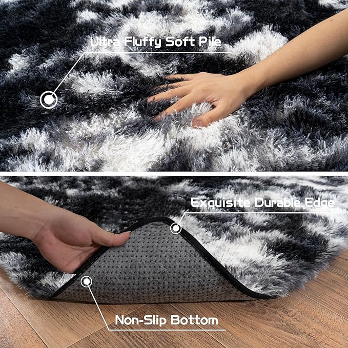 Pionblank Fluffy Area Rug for Bedroom 4x6 Feet, Indoor Plush Carpet, Shag Soft Bedside Rug, Cute Comfy Furry Rug for Living Room Dorm Girls Boys Room Nursery Decor, Black White