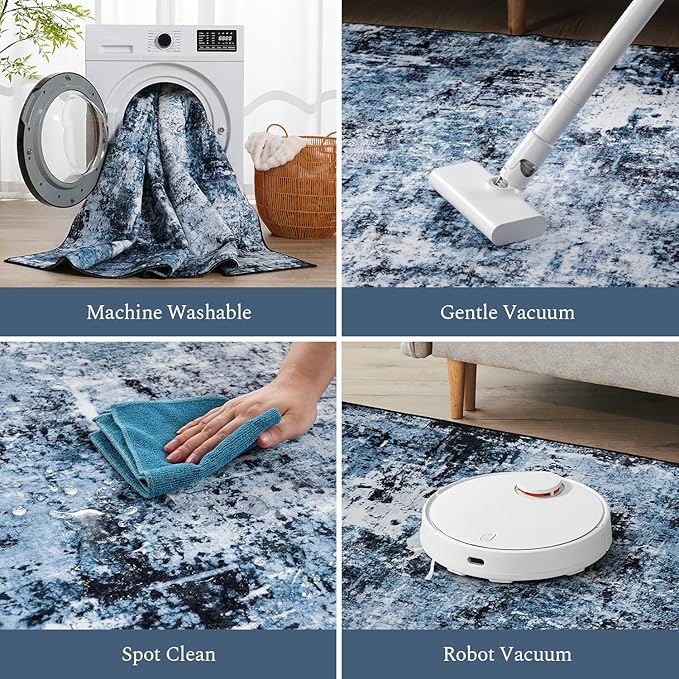 Rugflix 6x9 Area Rugs for Living Room, Washable Large Rug Stain-Resistant Low Pile, Modern Dark Carpet for Dining Room Home Office Kid Room Nursery Bedroom, Navy Blue/Black