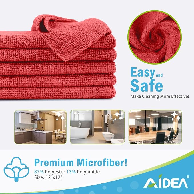 AIDEA Microfiber Cleaning Cloth Red-100PK, Soft Absorbent Shop Rags, Microfiber - Image 6