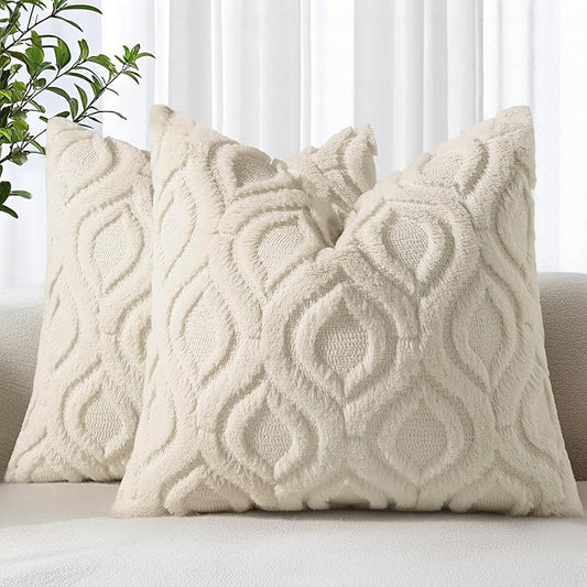 decorUhome Throw Pillow Covers 18x18 Inch Set of 2, Soft Plush Faux Wool Beige Solid Couch Pillow Covers, Accent Farmhouse Neutral Square Pillow Cases for Sofa Bed Living Room