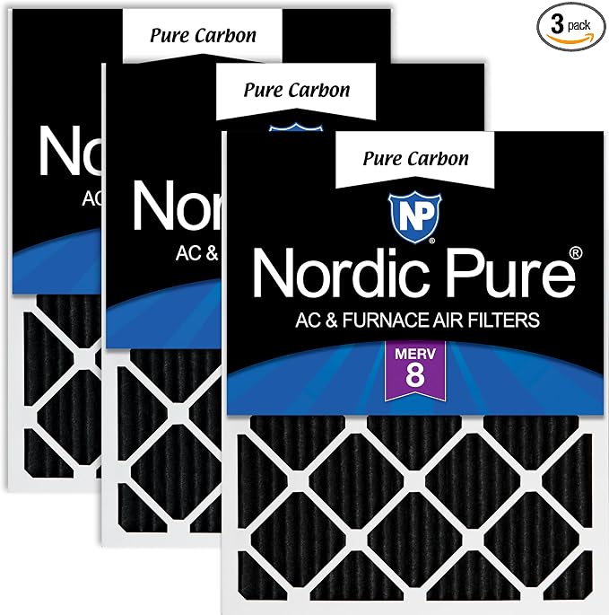 Nordic Pure 25x25x1 Pleated MERV 8 Pure Carbon Air Filters 3 Pack | Actual by NordicPure