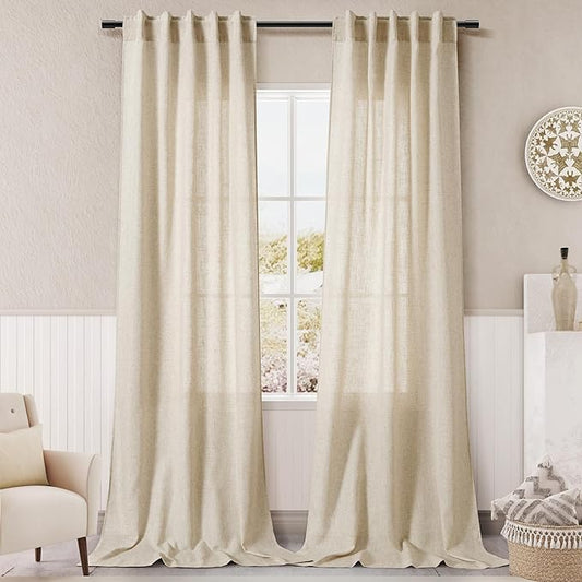 Extra Long Curtain 38x108 inches Long 2 Panels Set Back Tab Beige Linen Drapes for Living Room Neutral Farmhouse Light Filtering Semi Sheer Linen Curtains 108 inch Length for Large Window 9 FT Tall
