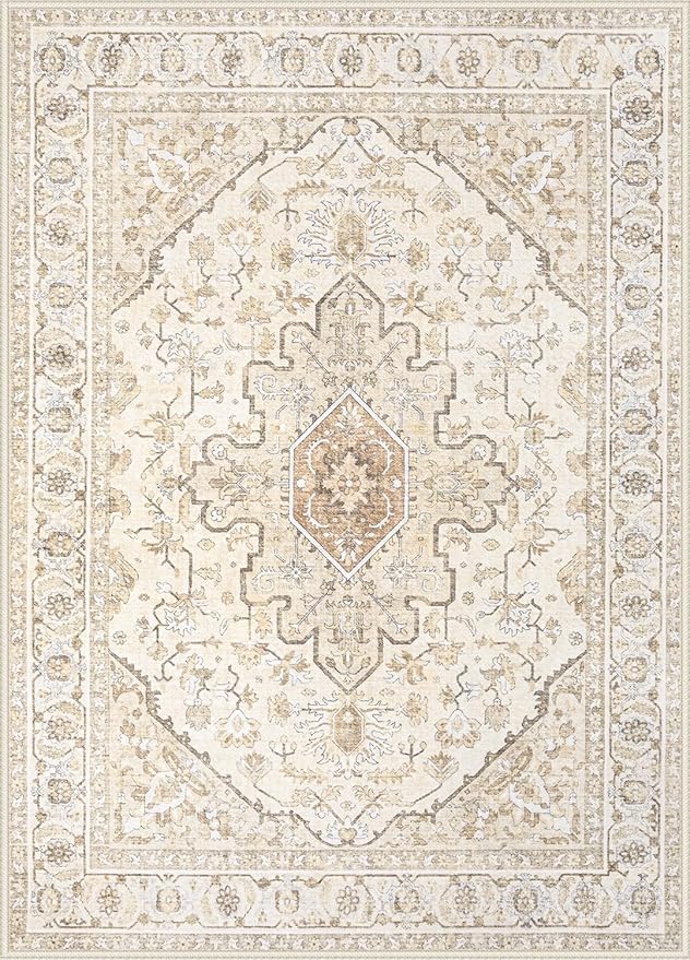 Area Rugs 5x7 Vintage Rug: Washable Living Room Rug Retro Medallion Distressed Large Soft Low Pile Non-Slip Indoor Floor Carpet for Bedroom Kitchen Nursery Dining Table Office (BeigeBrown, 5'x7')