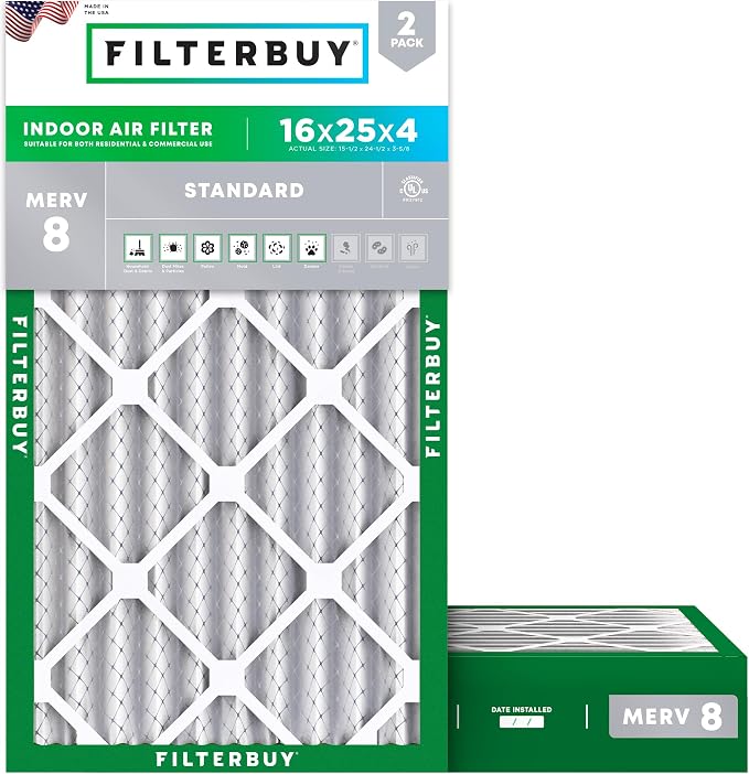 Filterbuy 16x25x4 Air Filter MERV 8 Essential Dust & Allergy Defense, by Filterbuy