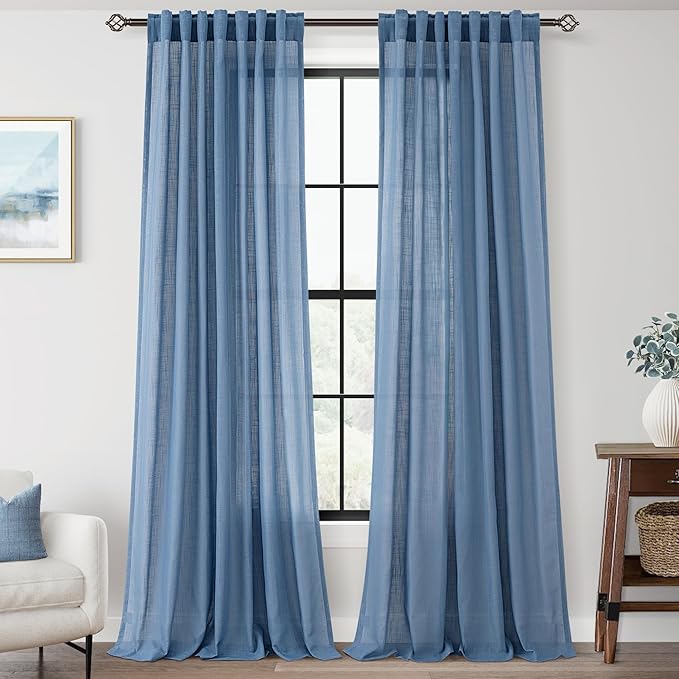 Denim Blue Curtains for Living Room Back Tab Modern Farmhouse Semi Sheer Blue Curtains 96 inches Long 2 Panels Set Muted Neutral Window Curtain for Dining Room Bedroom 52x96