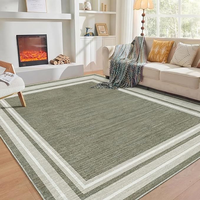 OPPODREAM Border Soft Area Rugs 6x9, Washable Brown Rug with Non Slip Backing, 6 x 9 Faux Cashmere Low-Pile 6x9 Carpet