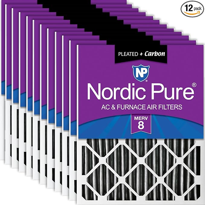 Nordic Pure 16x25x2 Pleated MERV 8 Plus Carbon Air Filters 12 Pack | Actual by NordicPure