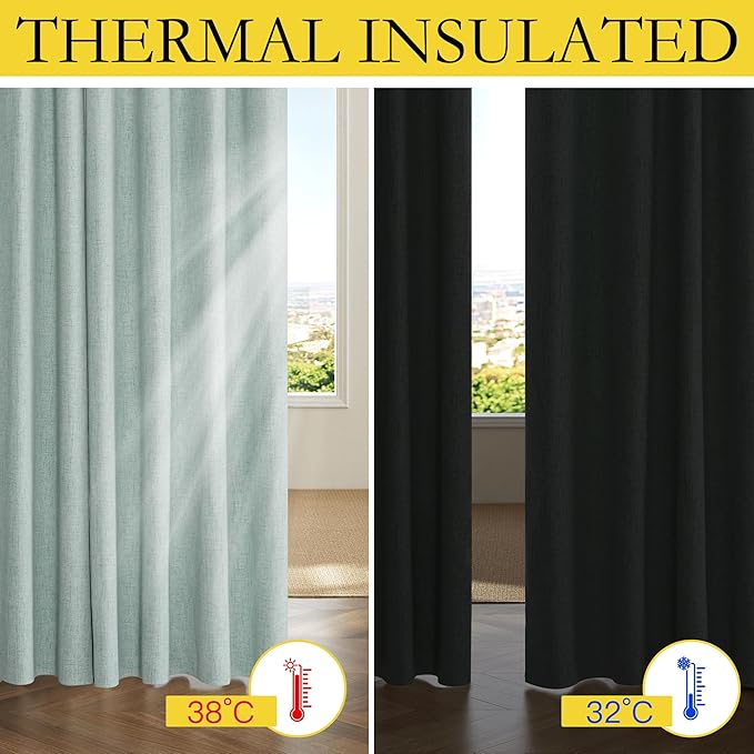 NICETOWN 100% Absolutely Blackout Linen Curtains with Thermal Insulated White Liner, Seafoam Green, 42 inches Wide, 63 inches Length Energy Saving Curtains for Kitchen 2 Panels Set, Vertical Blinds