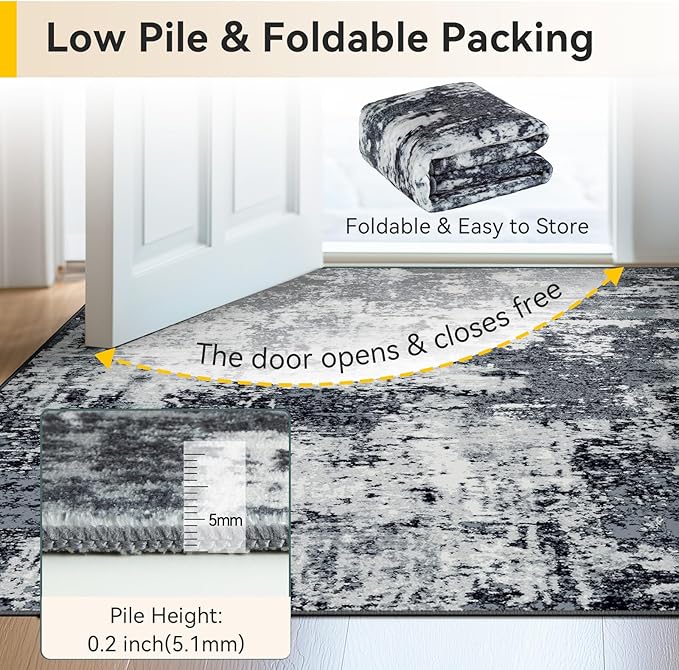 Washable Area Rugs 3'x5' Non-Slip Modern Abstract Soft for Living Room Entryway Bedroom Nursery, Print Pattern, Black Navy Blue Gray